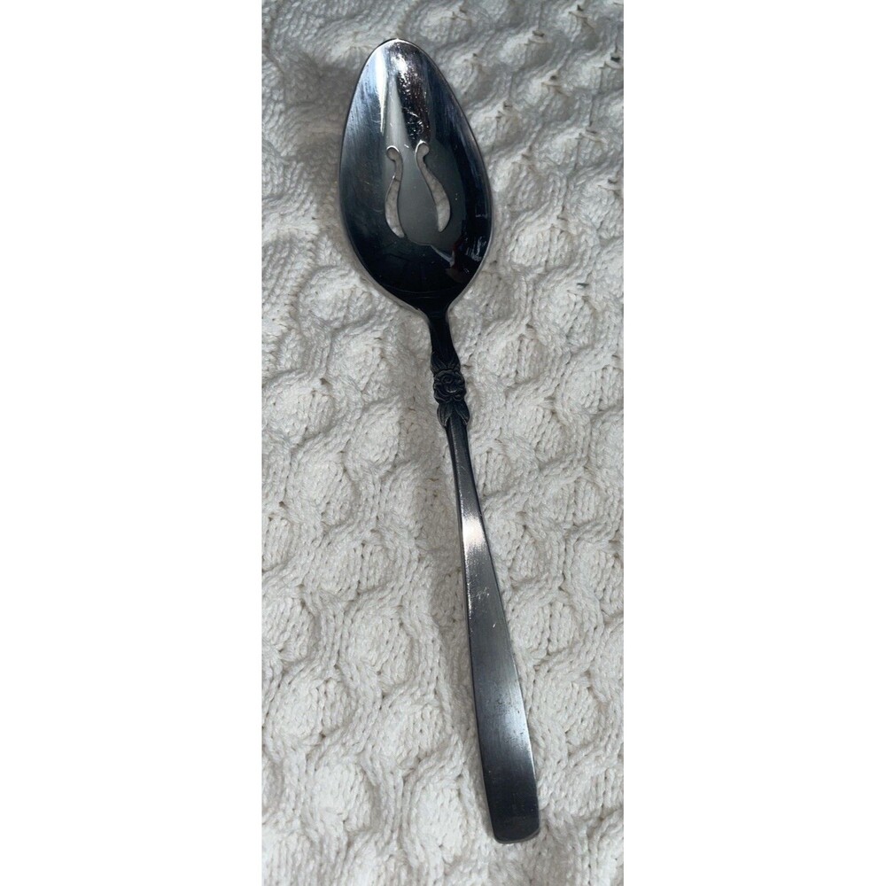 Vintage Bellissima Rose Stainless Japan Pierced Slotted Serving Spoon 8.25"